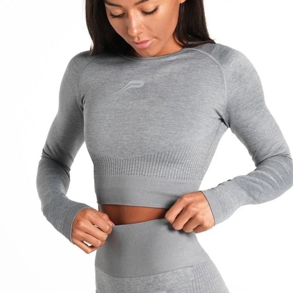 š„PursueāFitnessĀ Adapt Long SleeveāSeamless Workout Crop Top Gray Size M - Picture 2 of 10